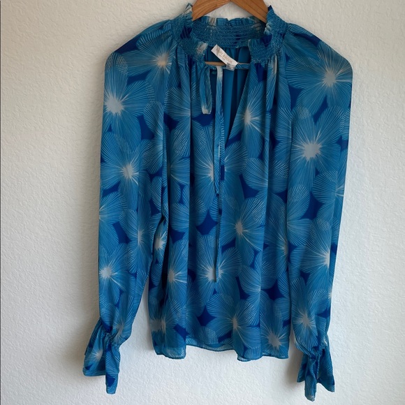 RAMY BROOK • Blue Floral Smocked Tie-Neck Blouse • Small - Picture 9 of 9